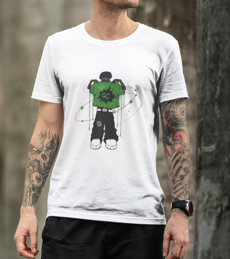 Gc Drip Cartoon Character Holding Green Clothing With Crown And Stars T-Shirt