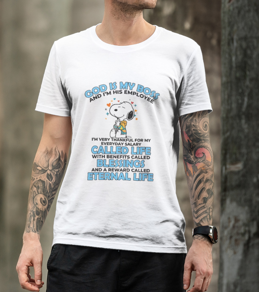 God Is My Boss Employee Everyday Salary Called Life Benefits Blessings Eternal Cartoon Dog Praying T-Shirt