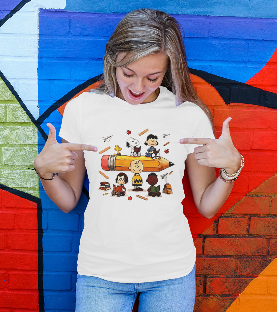 Charlie's Giant Pencil Peanuts Cartoon School Supplies Snoopy Woodstock T-Shirt
