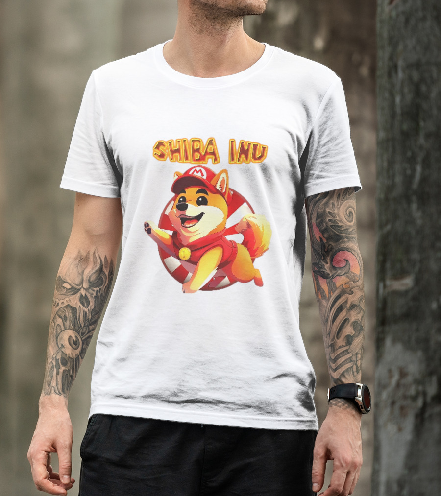 Shiba Inu Cartoon Dog Mario Red Cap Vest Running Striped T-Shirt