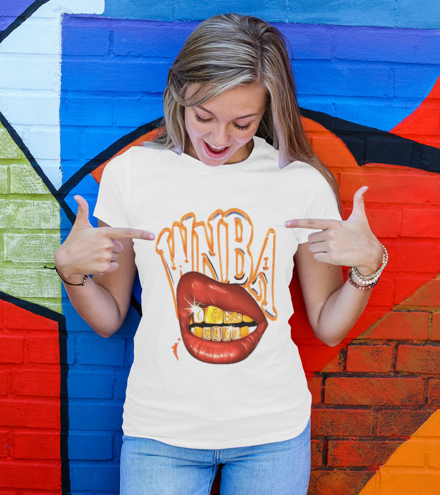 WNBA Red Lips Gold Teeth Grillz Glowing Chrome Lettering T-Shirt