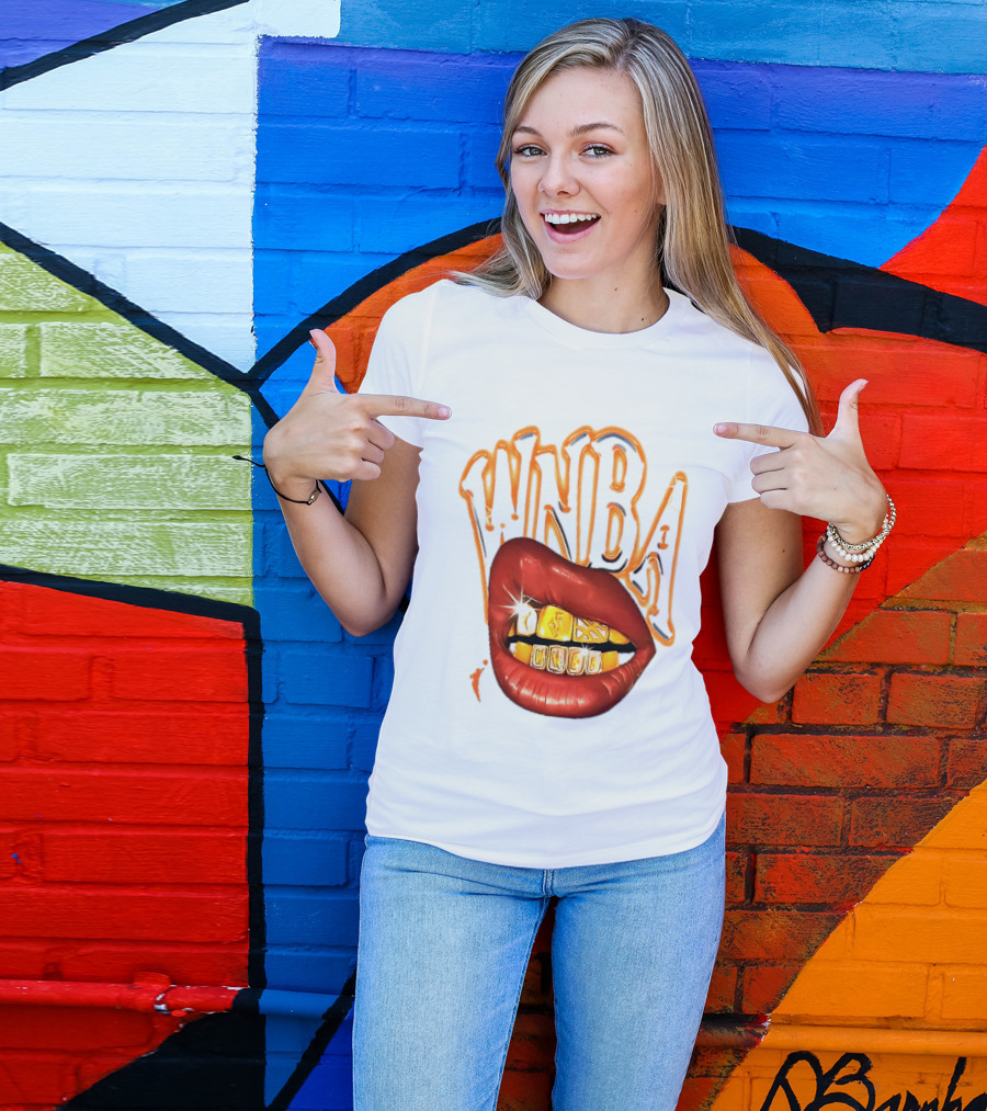 WNBA Red Lips Gold Teeth Grillz Glowing Chrome Lettering T-Shirt