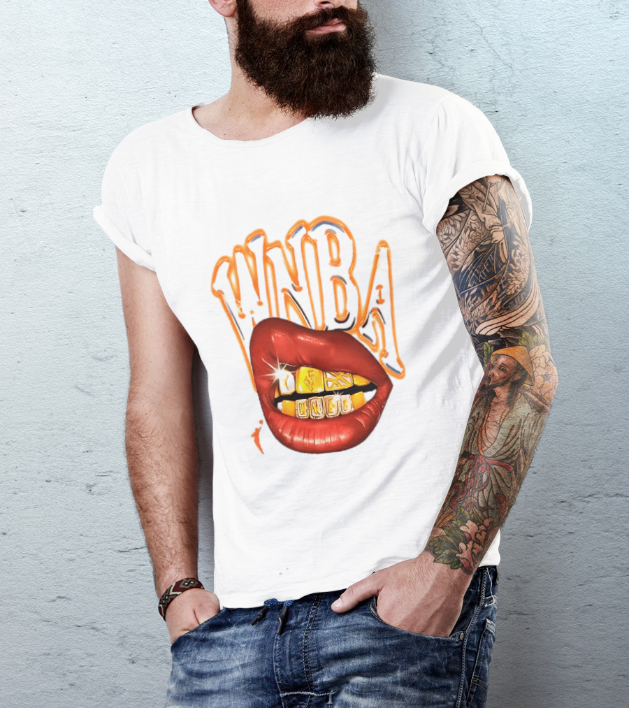 WNBA Red Lips Gold Teeth Grillz Glowing Chrome Lettering T-Shirt