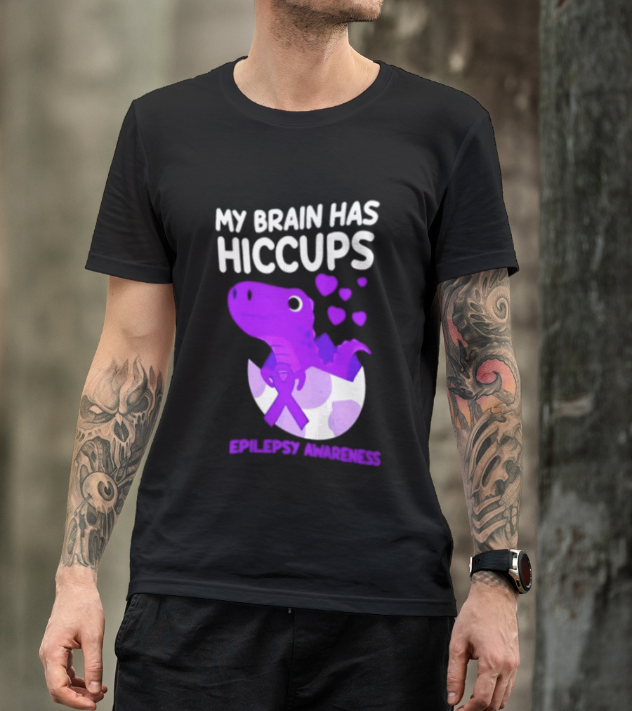 My Brain Has Hiccups Epilepsy Awareness Dinosaur Purple Ribbon Eggshell Hearts T-Shirt