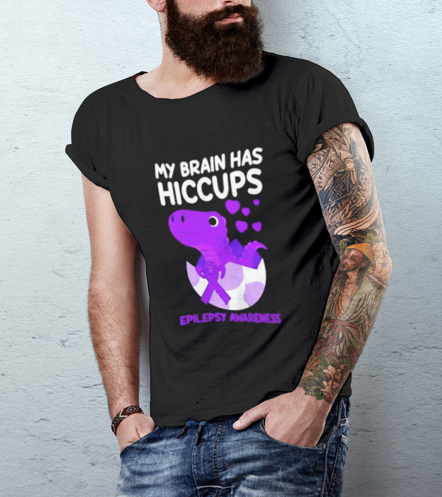 My Brain Has Hiccups Epilepsy Awareness Dinosaur Purple Ribbon Eggshell Hearts T-Shirt