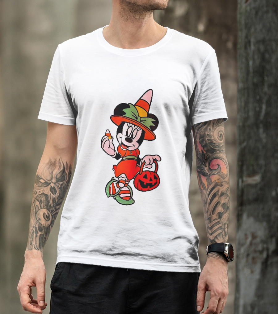 Disney Minnie Mouse Halloween Witch With Candy Corn And Pumpkin Bucket T-Shirt