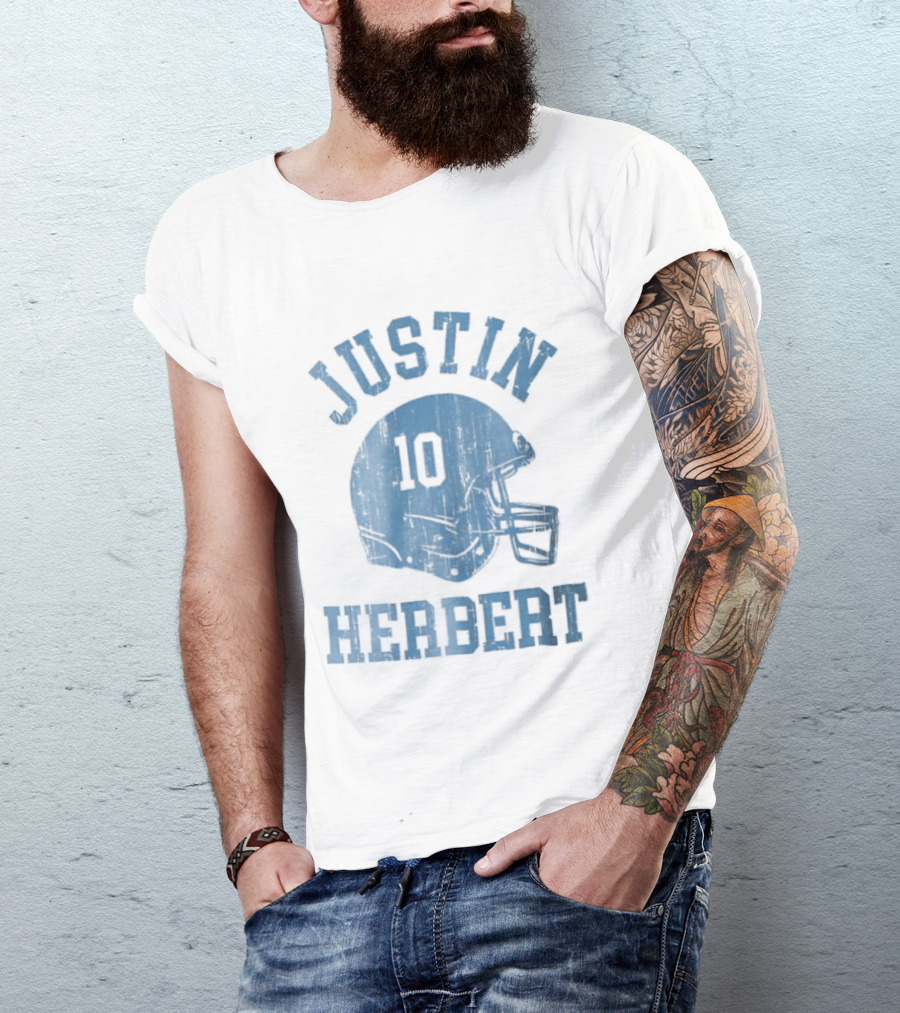 Justin Herbert Distressed Light Blue Football Helmet Number 10 T-Shirt