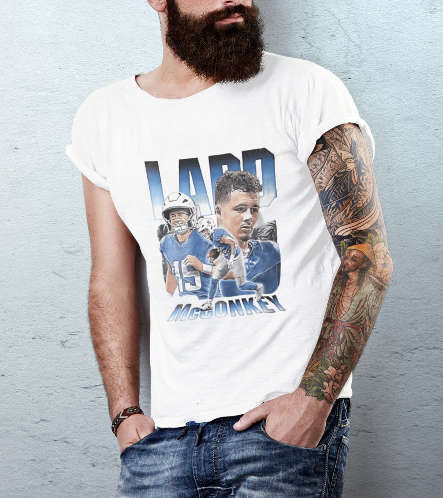 Ladd McConkey Number 15 Football Player Blue Jersey Collage T-Shirt