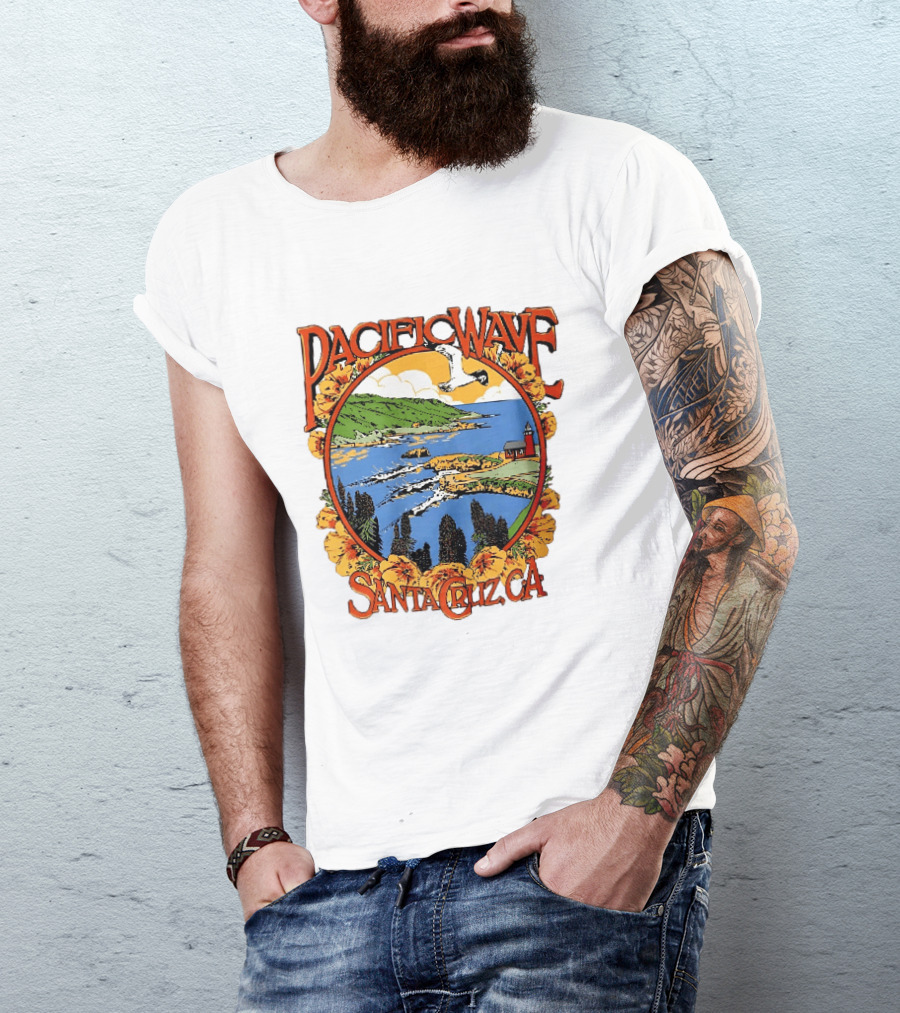 Pacific Wave Santa Cruz CA Coastal Lighthouse Ocean Seagull Flowers Scenic T-Shirt
