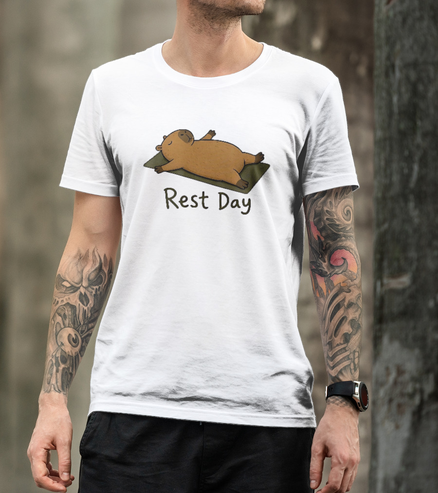 Rest Day Capybara Relaxing On Yoga Mat Cartoon T-Shirt