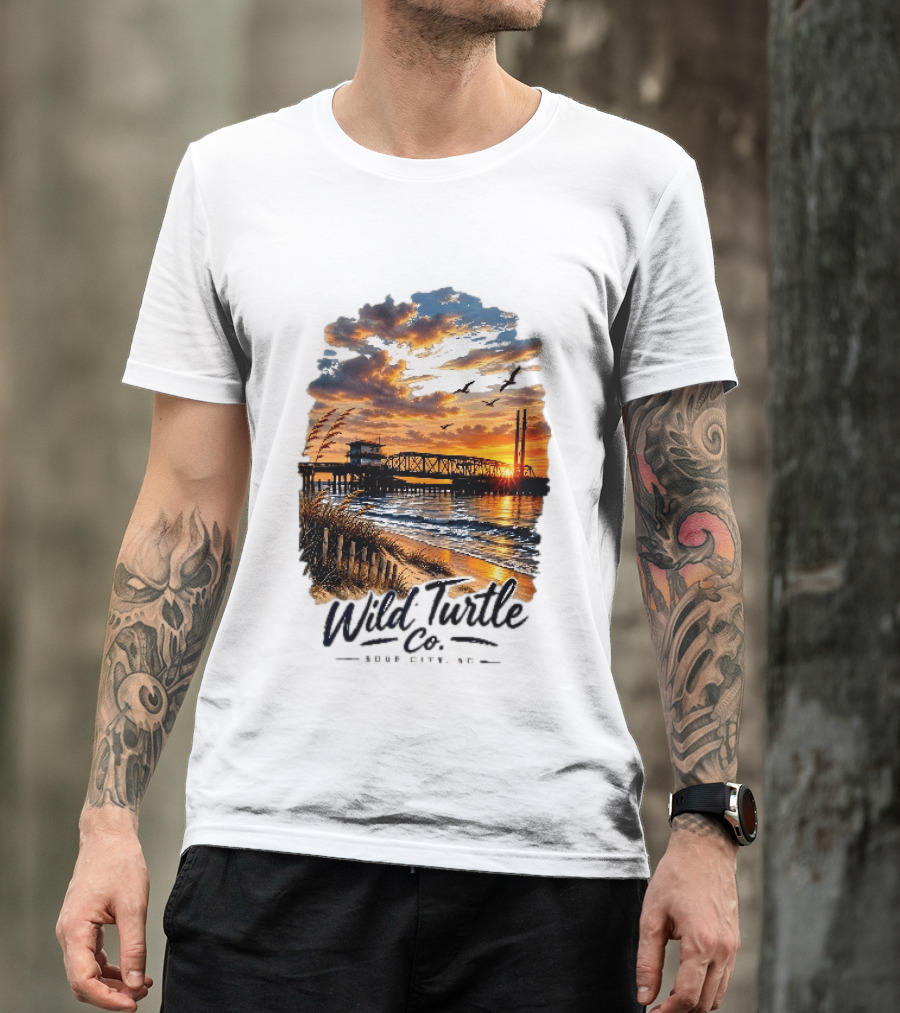 Wild Turtle Co Surf City NC Beach Dunes Pier Sunset Flying Birds T-Shirt
