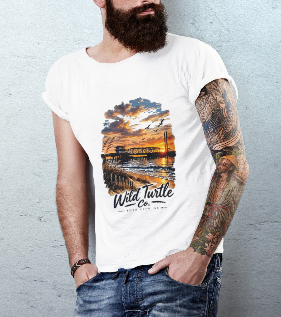Wild Turtle Co Surf City NC Beach Dunes Pier Sunset Flying Birds T-Shirt