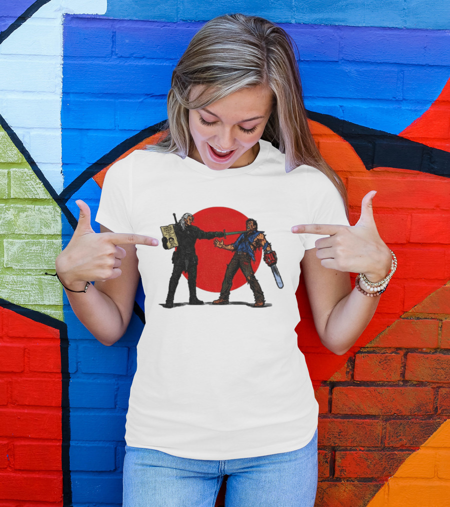 Geralt Vs Ash Evil Dead Or Alive Red Circle Showdown T-Shirt