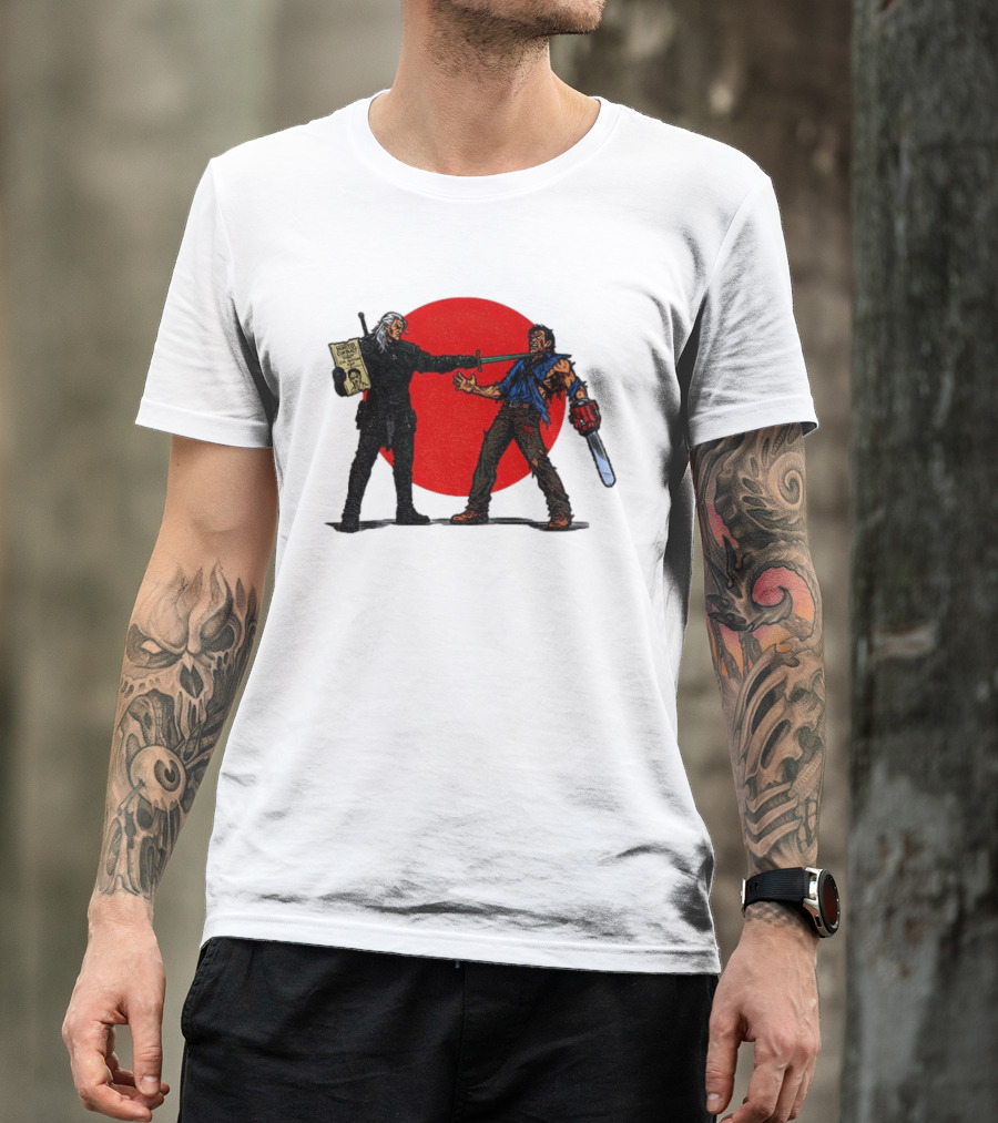 Geralt Vs Ash Evil Dead Or Alive Red Circle Showdown T-Shirt