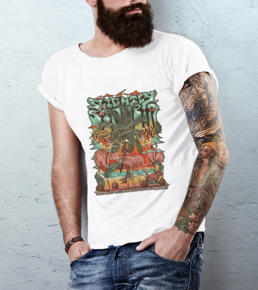 Slightly Stoopid August 22 2026 Ice Drippin Summer Tour Sunset Cove Amphitheater Boca Raton FL Flamingos Palms T-Shirt