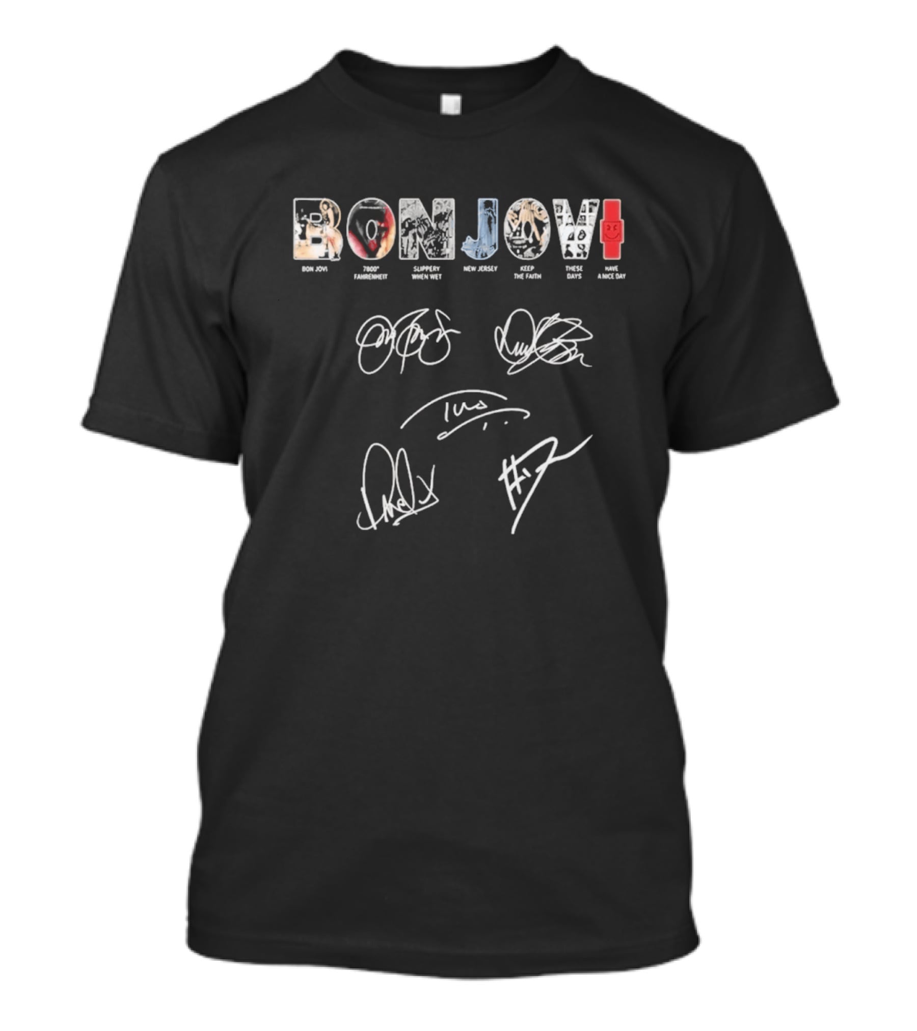 Bon Jovi Albums Cast Signatures Rock Band New Jersey Greatest Hits T-Shirt
