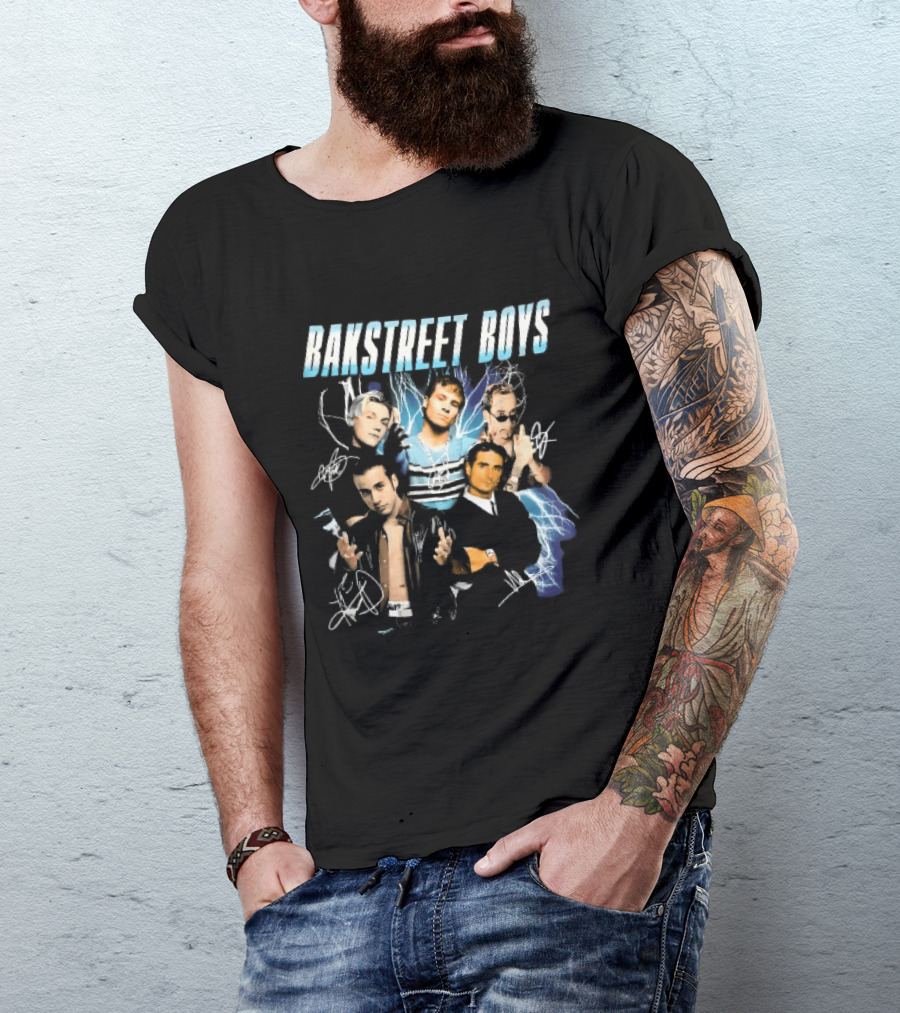 Bakstreet Boys Band Collage Lightning Autographs Bootleg T-Shirt