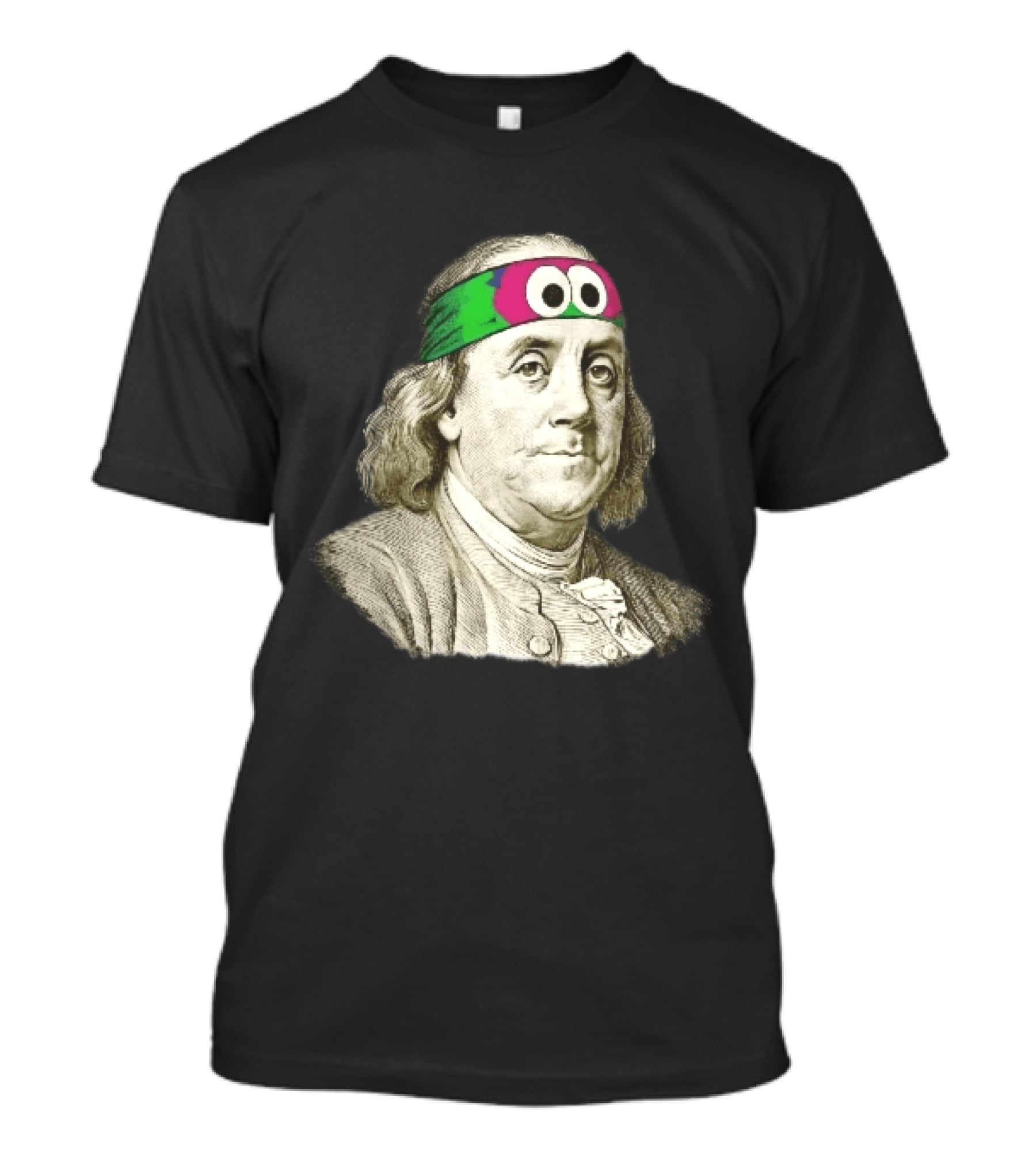 Benjamin Franklin Cartoon With Colorful Ninja Headband And Googly Eyes T-Shirt