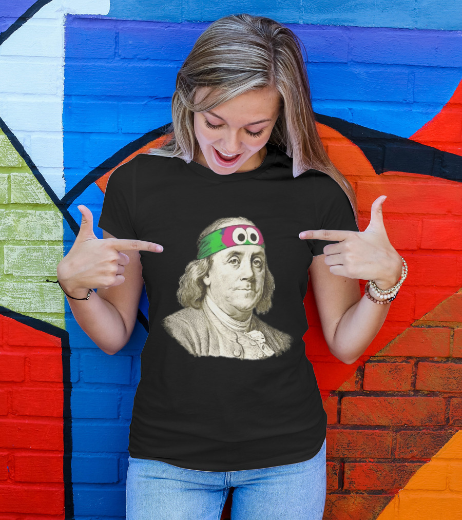 Benjamin Franklin Cartoon With Colorful Ninja Headband And Googly Eyes T-Shirt