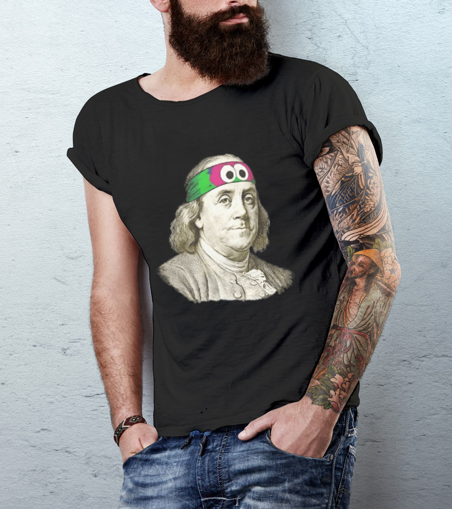 Benjamin Franklin Cartoon With Colorful Ninja Headband And Googly Eyes T-Shirt
