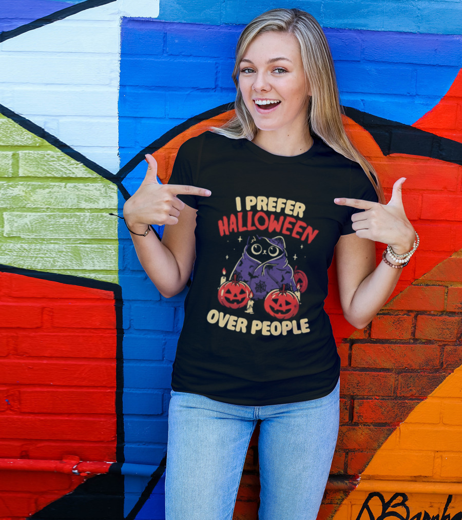 I Prefer Halloween Over People Black Cat Pumpkin Candles T-Shirt