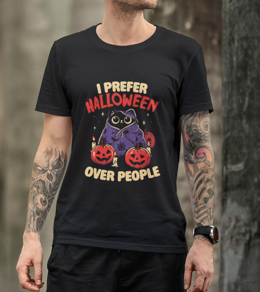 I Prefer Halloween Over People Black Cat Pumpkin Candles T-Shirt
