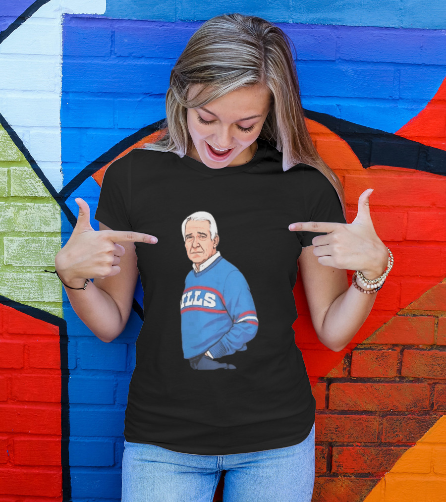 Buffalo Bills Coach Marv Levy Caricature In Blue Sweater With Team Name T-Shirt
