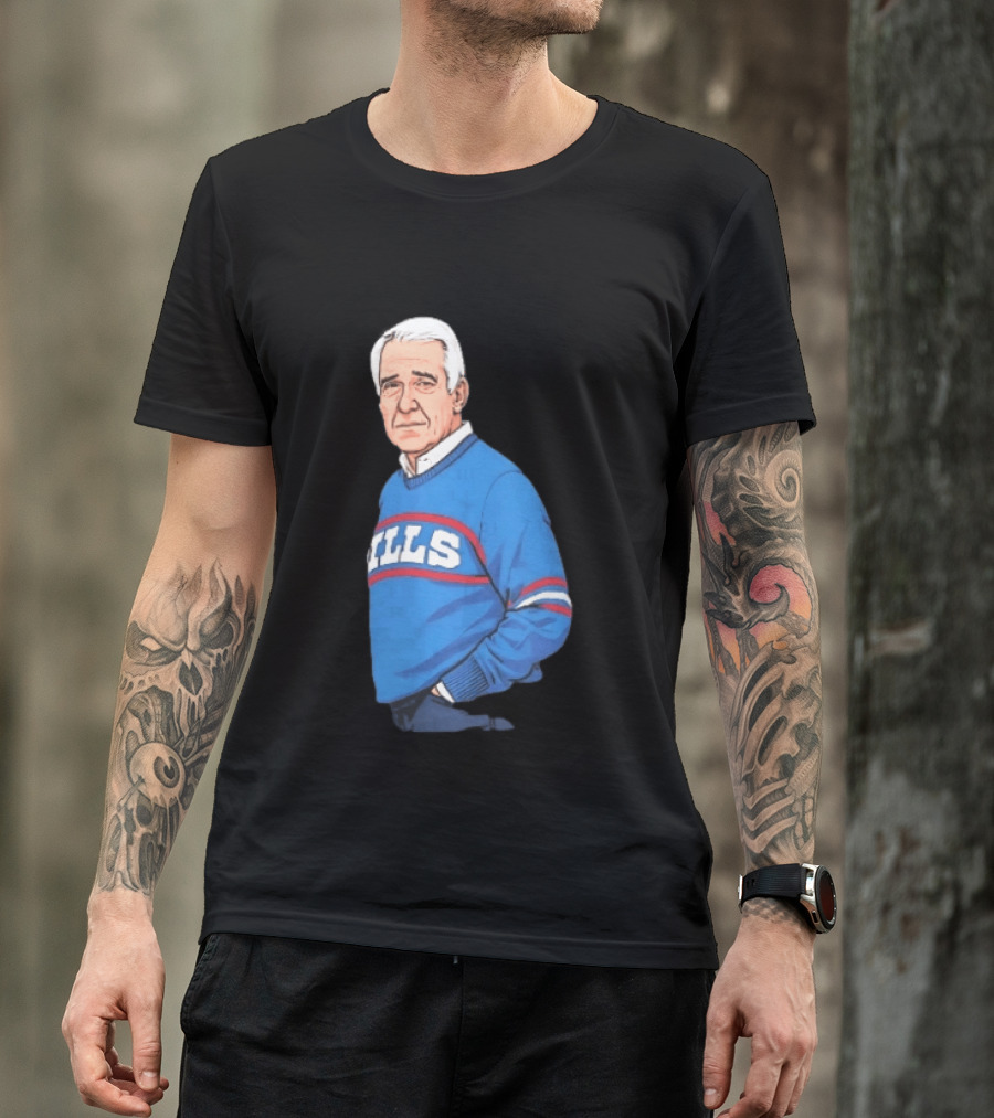 Buffalo Bills Coach Marv Levy Caricature In Blue Sweater With Team Name T-Shirt