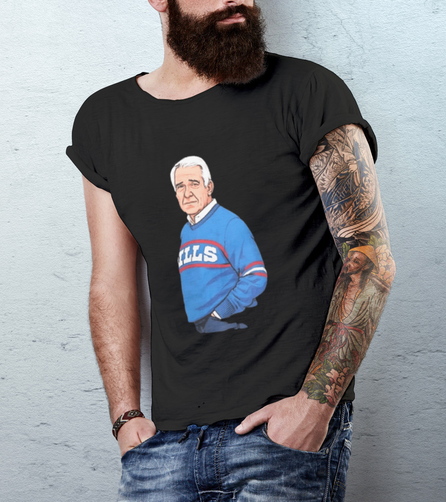 Buffalo Bills Coach Marv Levy Caricature In Blue Sweater With Team Name T-Shirt