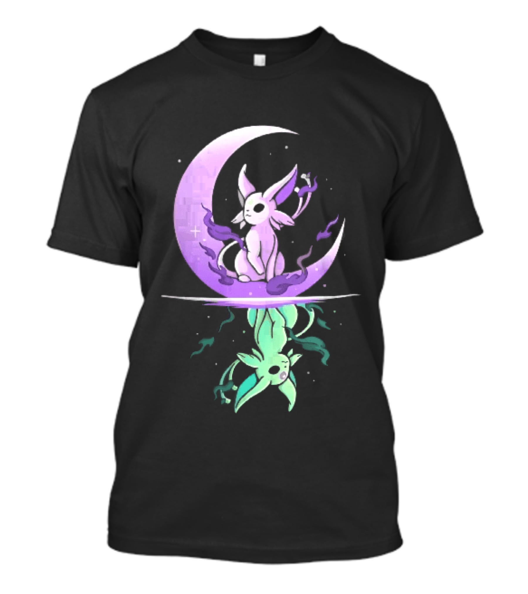 Cartoon Purple Espeon On Crescent Moon With Green Reflection T-Shirt