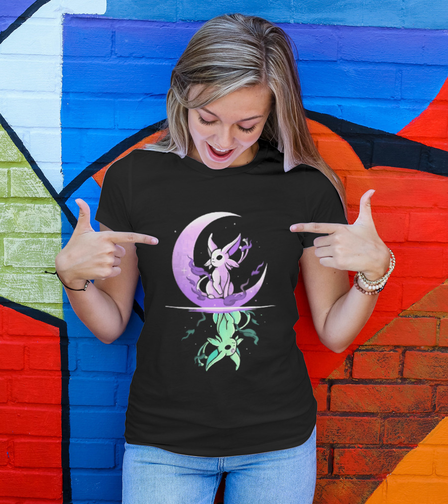 Cartoon Purple Espeon On Crescent Moon With Green Reflection T-Shirt