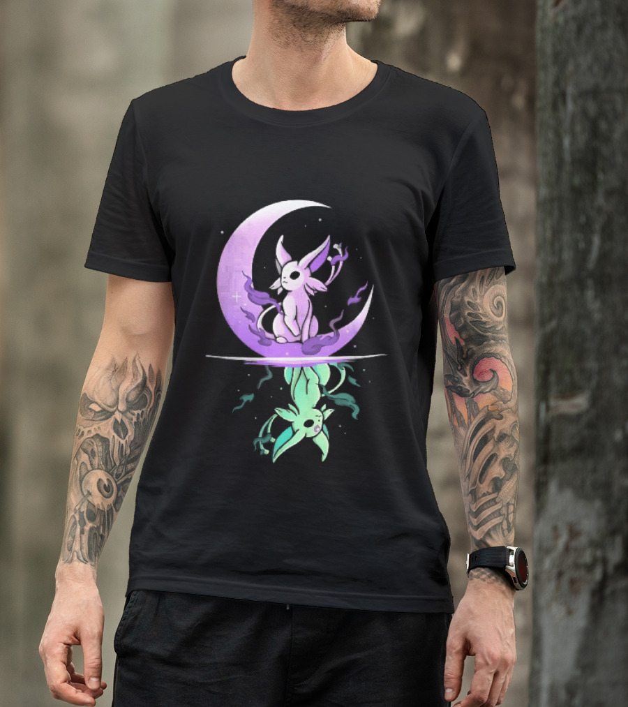 Cartoon Purple Espeon On Crescent Moon With Green Reflection T-Shirt