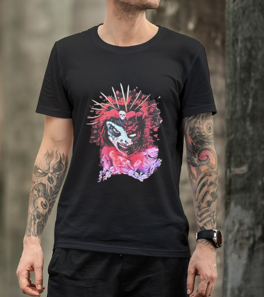 Demonic Japanese Geisha Skull Crown With Red Paint Splatter And Floral T-Shirt