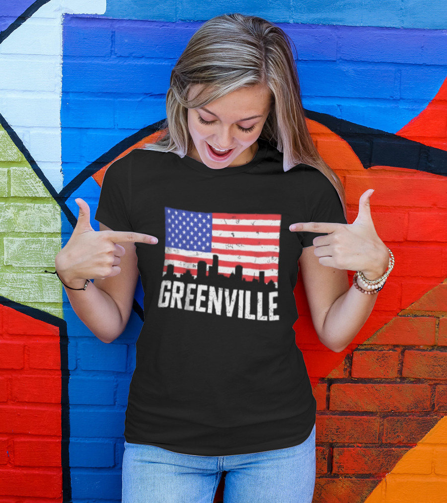 Greenville Skyline American Flag Cityscape T-Shirt