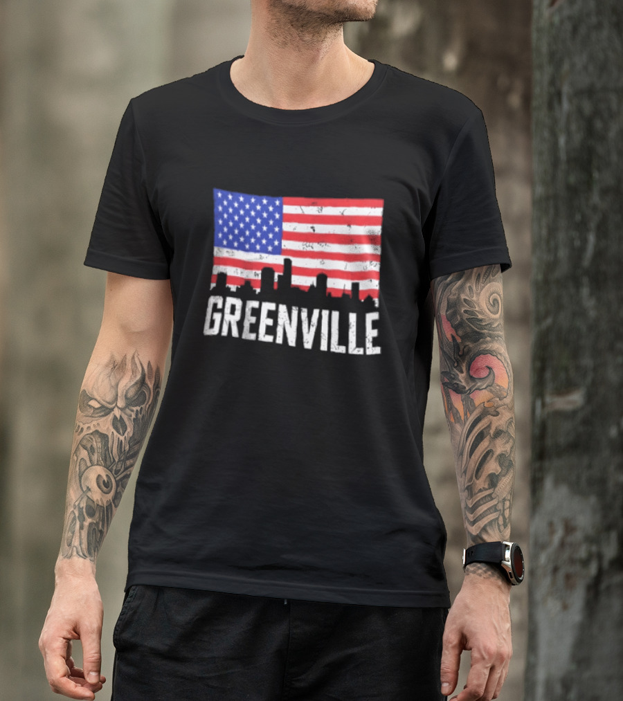 Greenville Skyline American Flag Cityscape T-Shirt