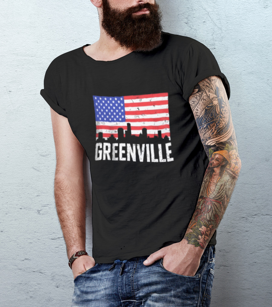 Greenville Skyline American Flag Cityscape T-Shirt