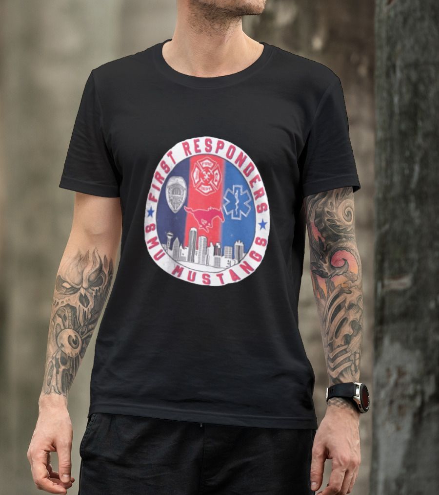 First Responders SMU Mustangs Emergency Services Tribute Skyline T-Shirt