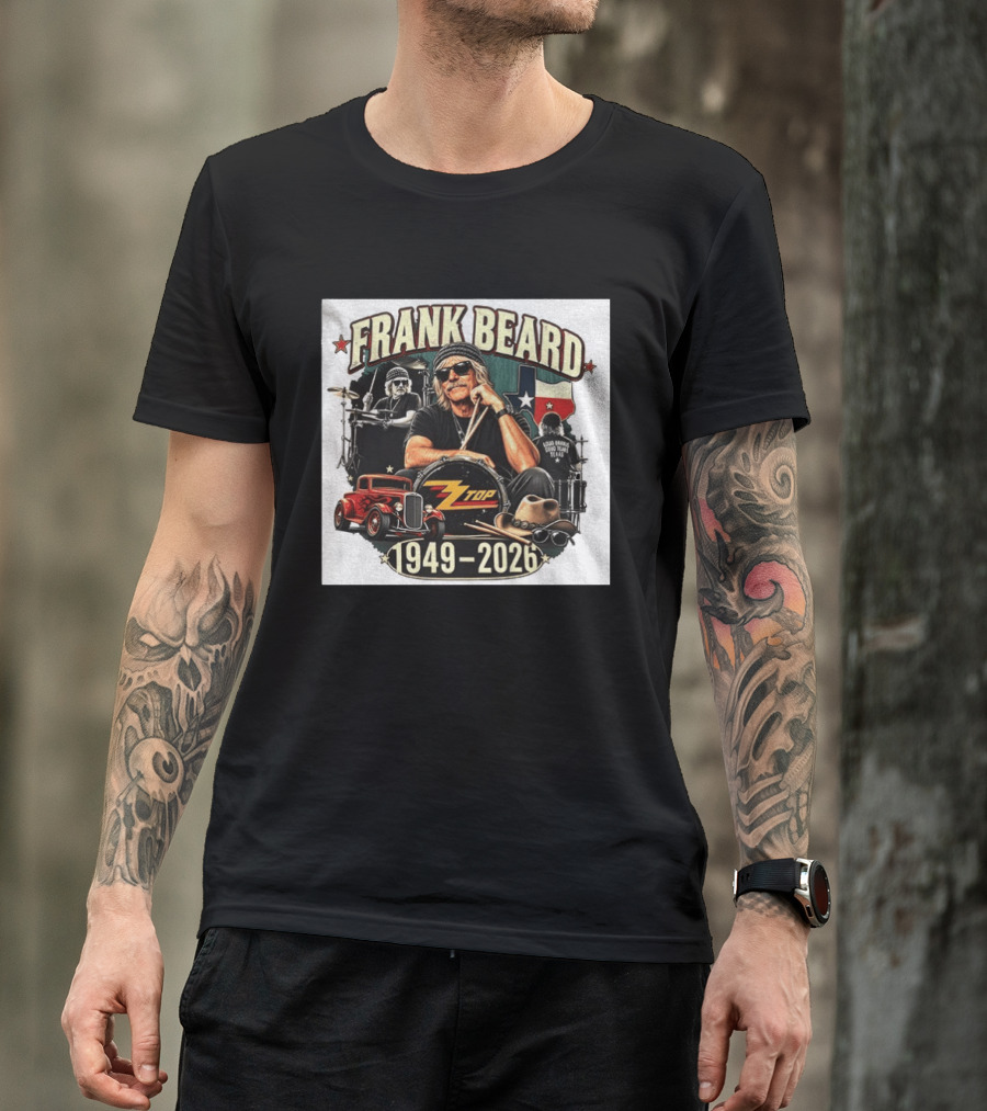 Frank Beard ZZ Top Rock Texas Drummer 1949 2026 Vintage Car And Drumsticks T-Shirt