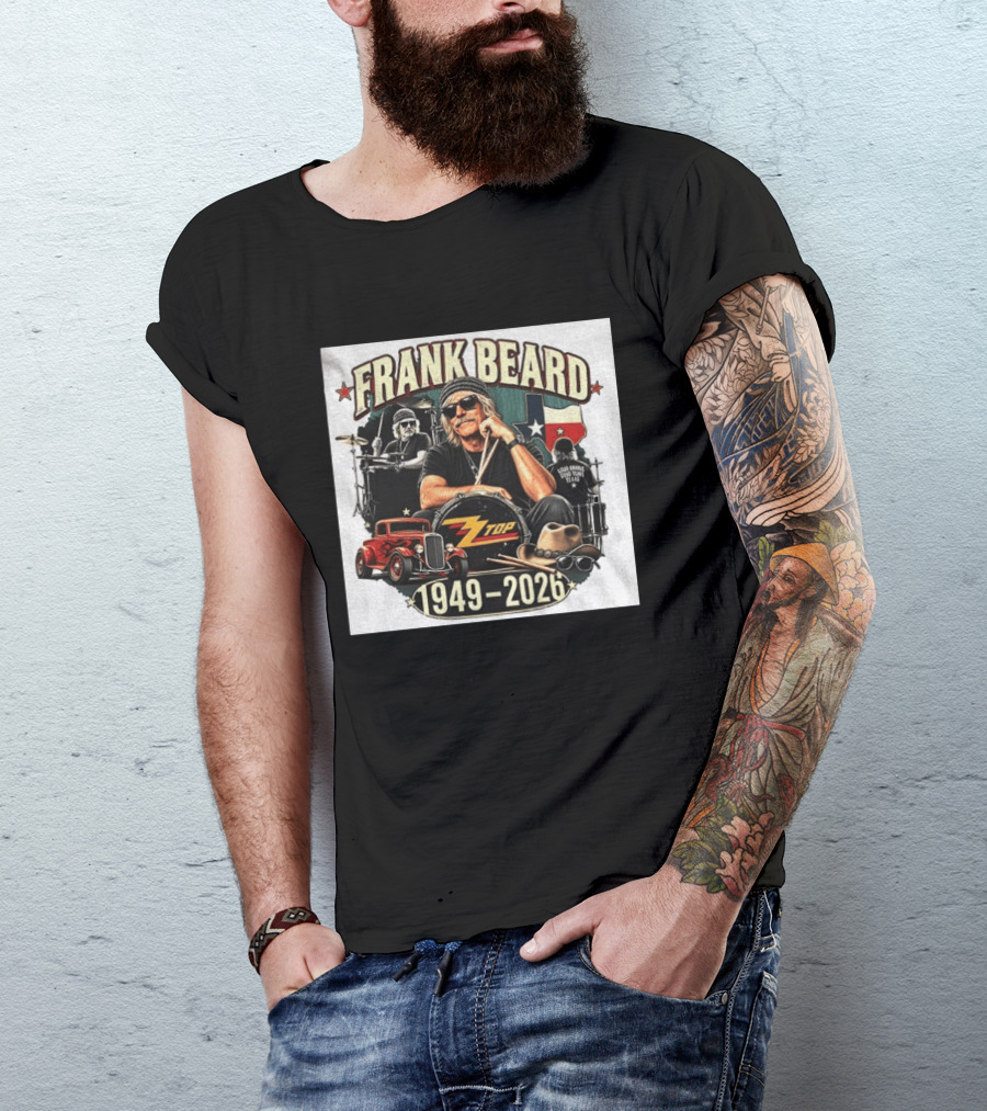 Frank Beard ZZ Top Rock Texas Drummer 1949 2026 Vintage Car And Drumsticks T-Shirt