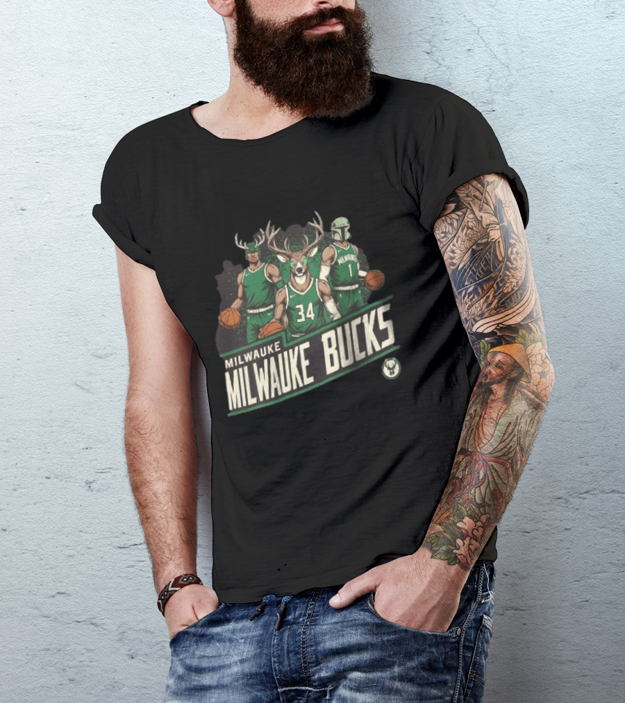 Milwaukee Bucks NBA Antler Helmet Buck Head Mandalorian Basketball Players T-Shirt