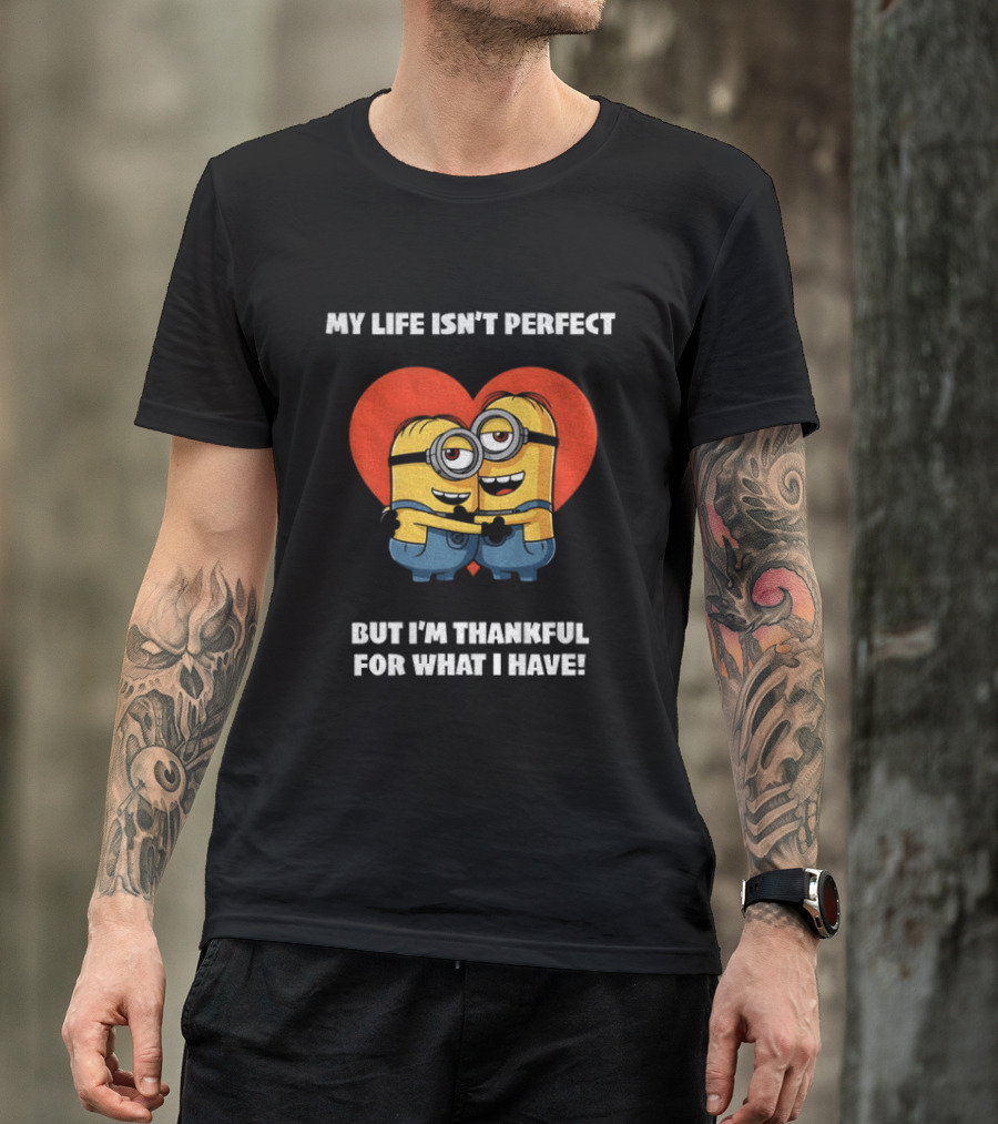 Minions My Life Isn't Perfect But I'm Thankful For What I Have Hugging Cartoon Characters T-Shirt