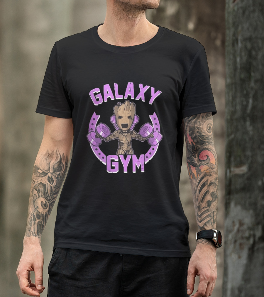 Galaxy Gym Cartoon Tree Lifting Dumbbells Headphones T-Shirt