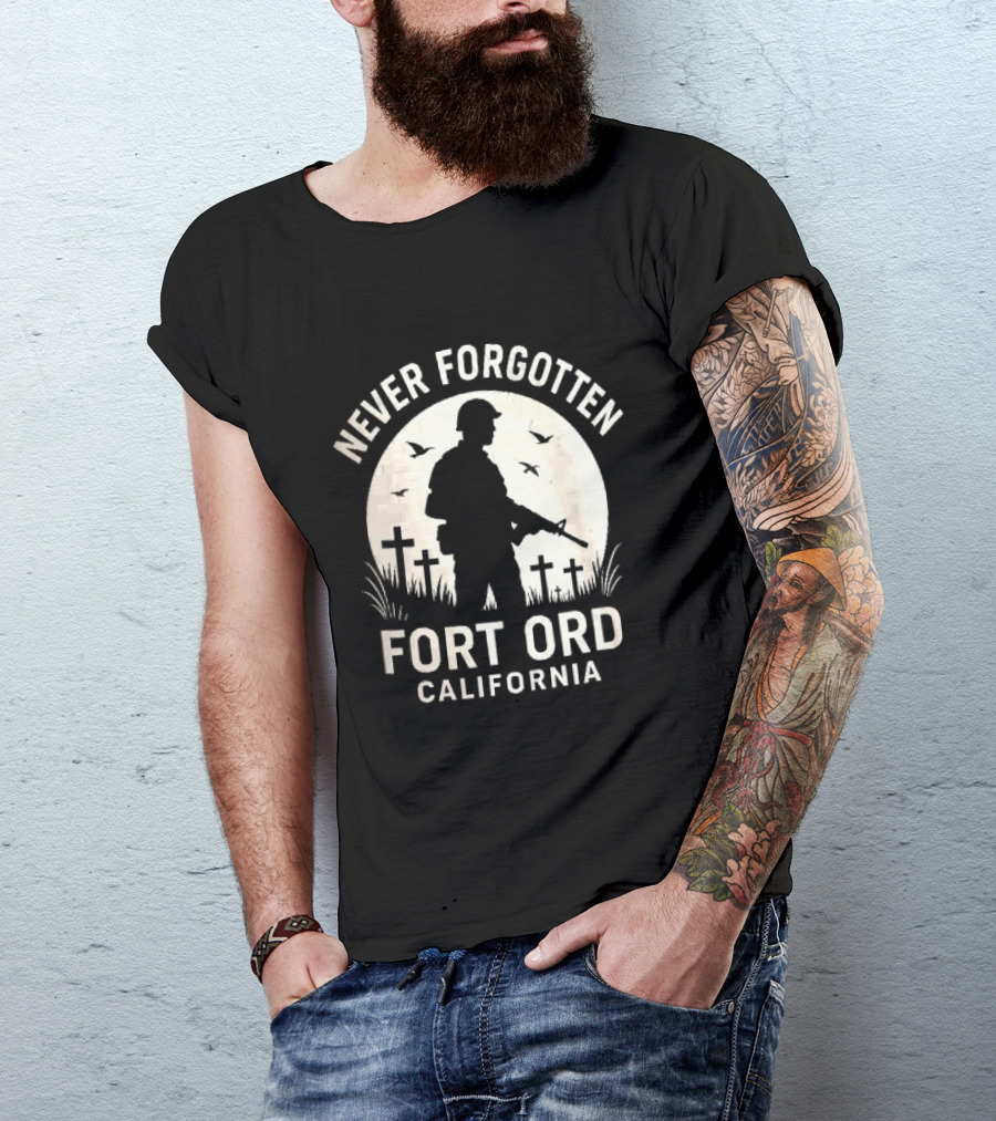 Never Forgotten Fort Ord California Soldier Moon Crosses Birds T-Shirt