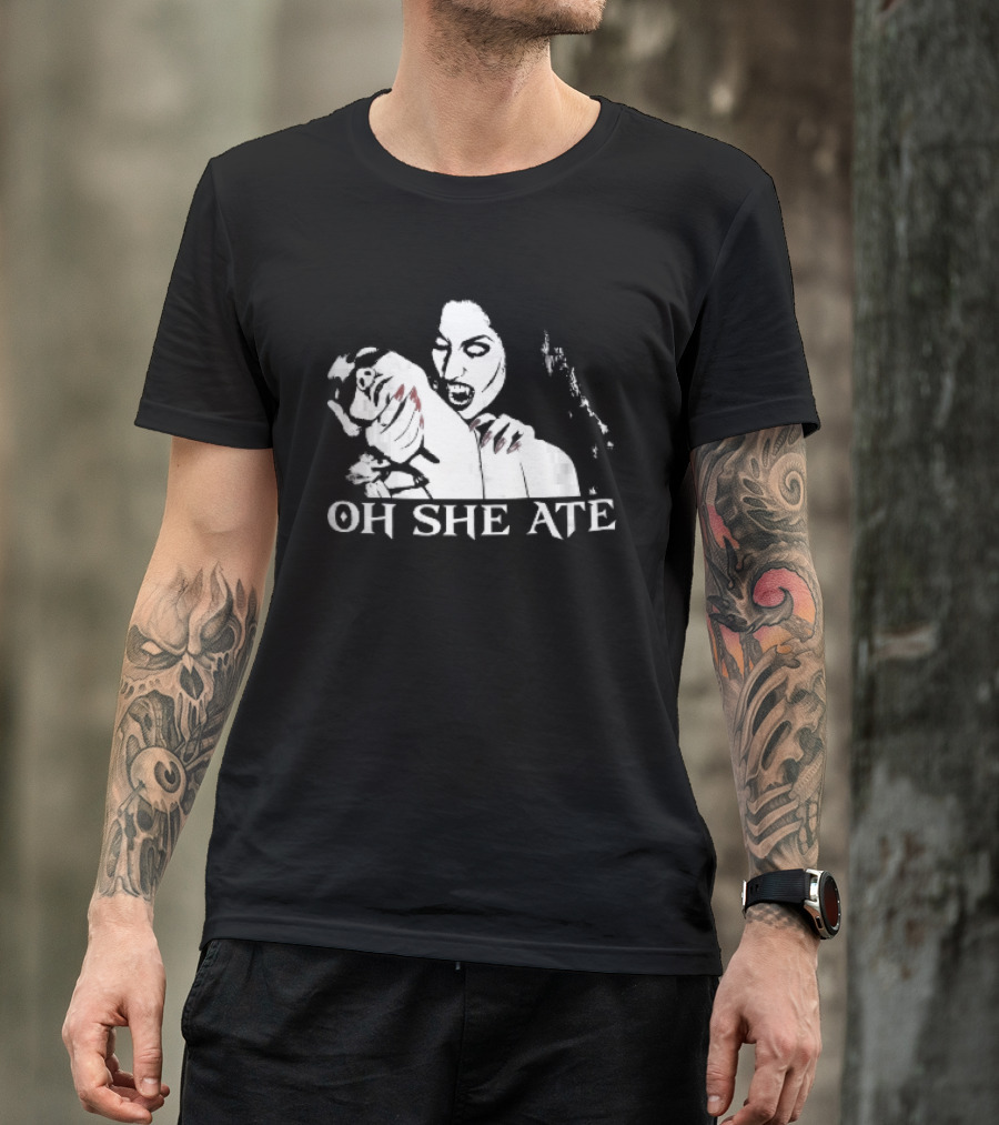 Oh She Ate Female Vampire Biting Neck Red Nails Stencil T-Shirt
