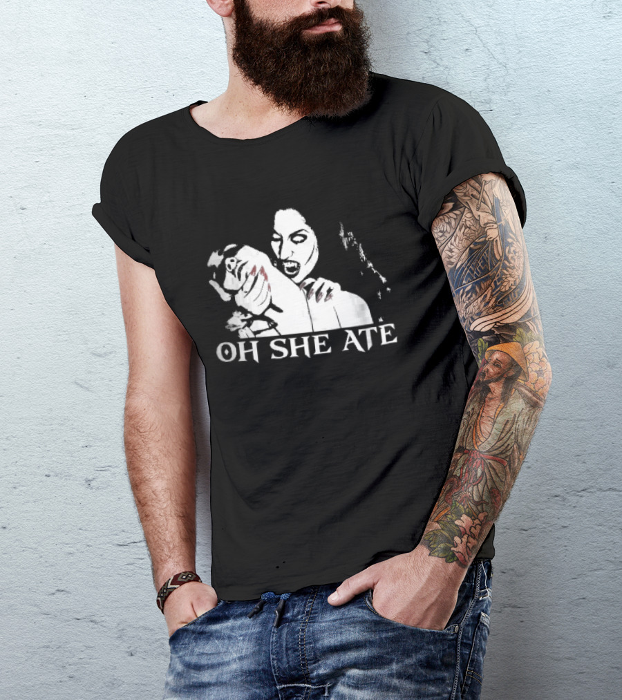 Oh She Ate Female Vampire Biting Neck Red Nails Stencil T-Shirt