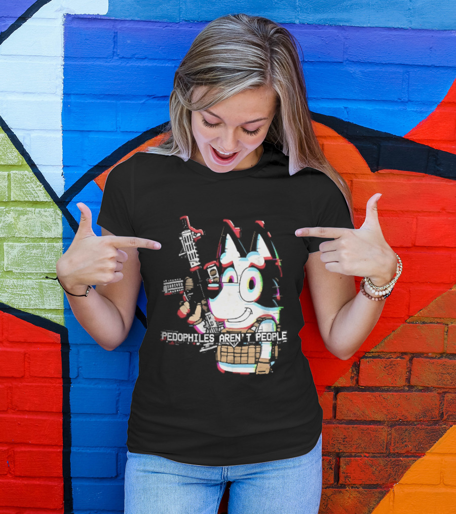 Pedophiles Aren't People Cartoon Dog Tactical Vest Assault Rifle Glitch Effect T-Shirt