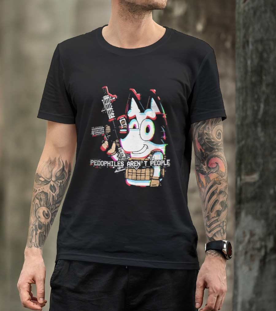 Pedophiles Aren't People Cartoon Dog Tactical Vest Assault Rifle Glitch Effect T-Shirt