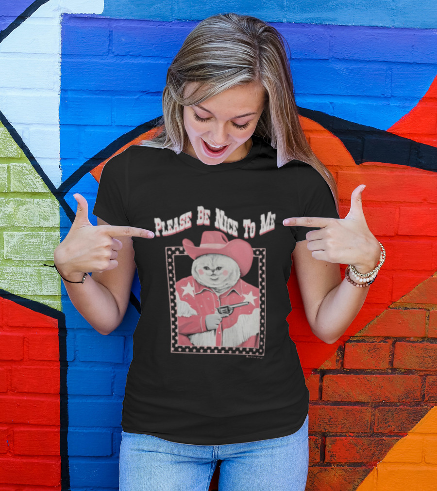 Please Be Nice To Me Cat Cowboy Red Hat Stars Weapon T-Shirt