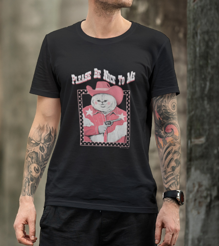Please Be Nice To Me Cat Cowboy Red Hat Stars Weapon T-Shirt