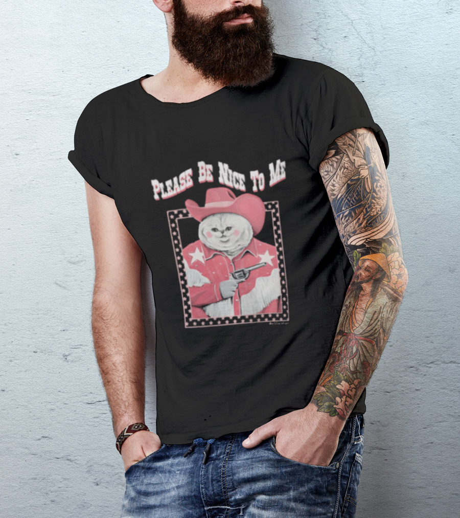 Please Be Nice To Me Cat Cowboy Red Hat Stars Weapon T-Shirt